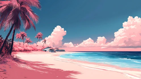 Tropical Paradise Beach with Pink-Hued Clouds and Palm Trees