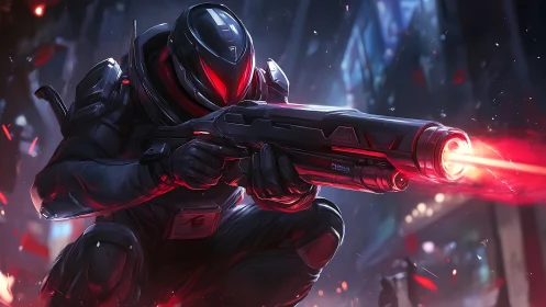 Armored cybernetic marksman fires high-energy plasma rifle in city