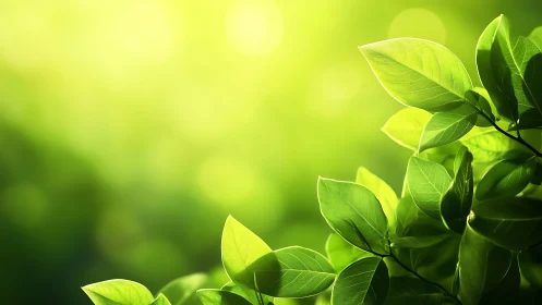 Fresh green leaves in sunlight with soft bokeh, nature background.