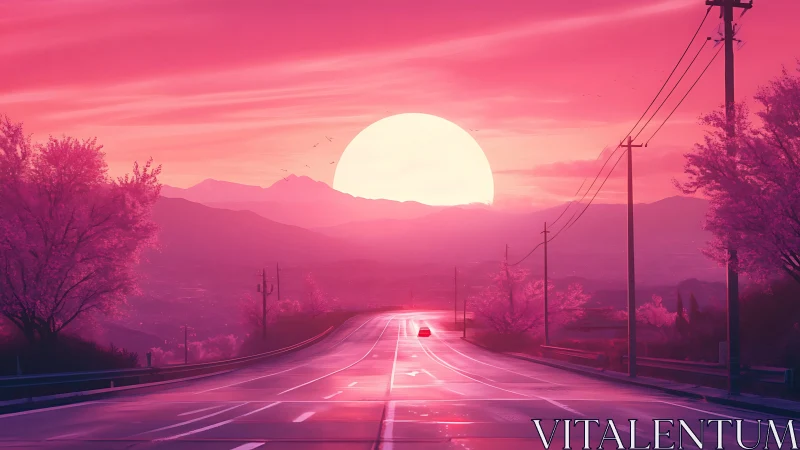 Soft pink highway drifts toward an enormous glowing sunset