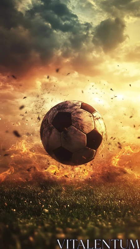 Blazing matchday meteor ball tearing through stormy dusk.