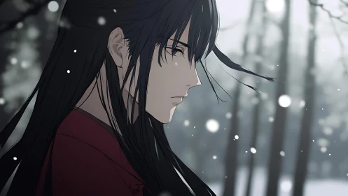 Solitary winter swordsman adrift in quiet falling snow.