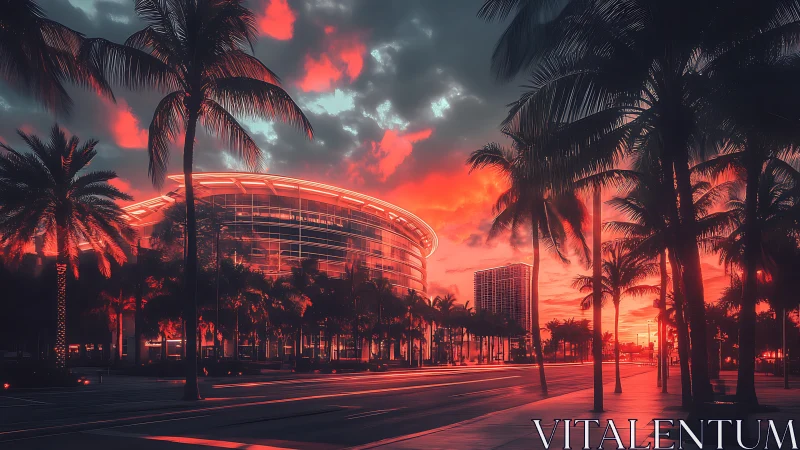Neon sunset cityscape envelopes palm-lined modern arena.