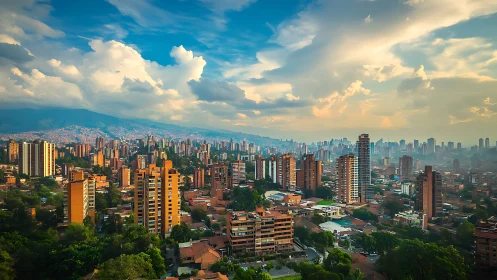 Warm city skyline nestled beneath glowing mountain clouds.