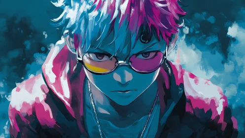 Stylized youth with dual hair color and tinted glasses stares