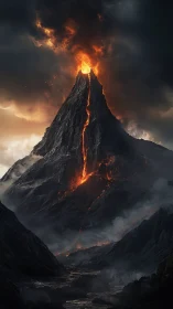 Fiery mountain summit spills glowing lava into dark valleys