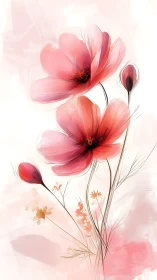 Red and Pink Cosmos Flowers with Buds in Watercolor