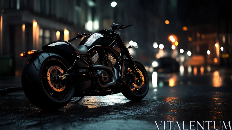 Custom black motorcycle on wet urban street at night.