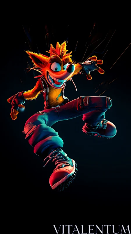Energetic cartoon marsupial leaping in neon rim lighting.