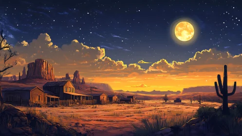 Desert frontier town under full moon and star-filled sky