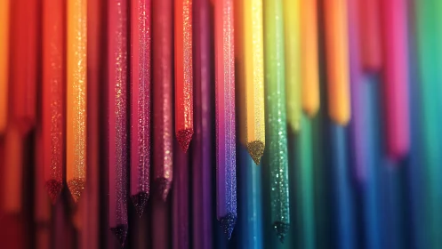 Close view of vertical multicolored glitter pencils arrangement.