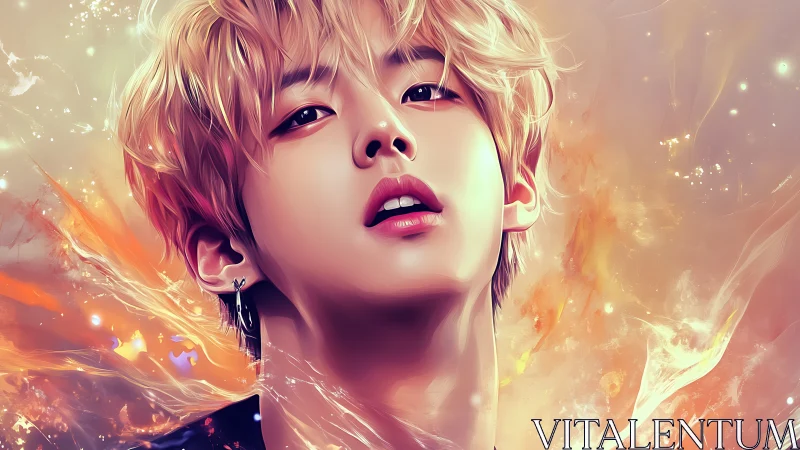 Digital portrait of ethereal youth amid swirling firelight
