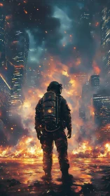 Cyberpunk responder amid burning megacity skyline, vertical format.