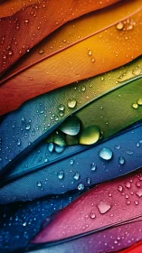 Iridescent rainbow feathers glisten beneath scattered raindrops.
