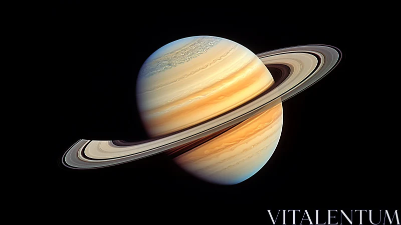 Saturn gas giant with detailed rings on black background.