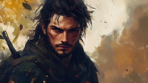 Brooding samurai portrait rendered in dynamic digital brushwork