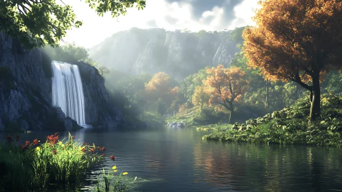 Sunlit waterfall descends beside autumn forest lake