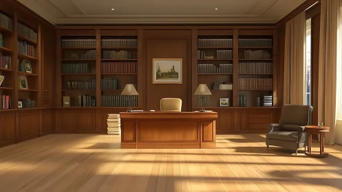 Wood-paneled executive office with bookshelves and desk.