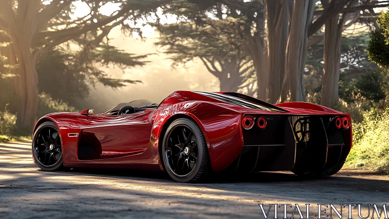 Crimson supercar reflects forest light on winding road.