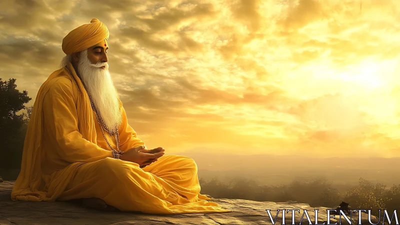 Golden sunrise meditation with a serene elder sage.