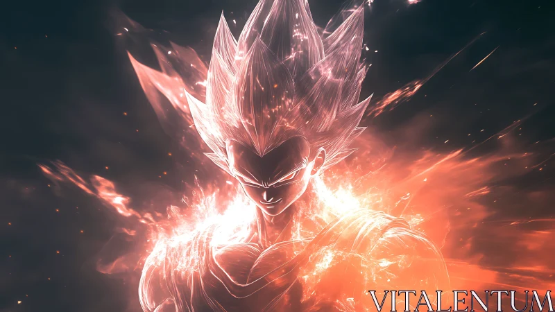 Fiery glowing warrior with spiked hair in intense aura.