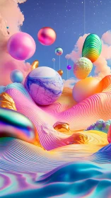 Chromatic 3D orbs drift above iridescent procedural dunes