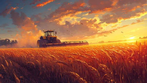 Sunlit harvester traversing wheat field under volumetric clouds.
