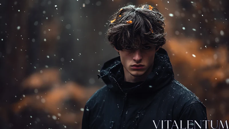 Young person in dark jacket standing in light snowfall outdoors.