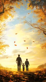 Sunlit autumn path with family silhouettes in warm glow.