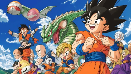 Anime ensemble composition with heroic foreground emphasis.