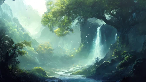 Luminous Canyon Valley with Cascading Waterfall and Atmospheric Mist.