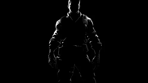 Shadowed hero stands bold in glowing monochrome light.