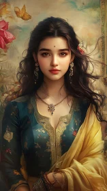 Regal South Asian portrait in teal silk and gold drapery.