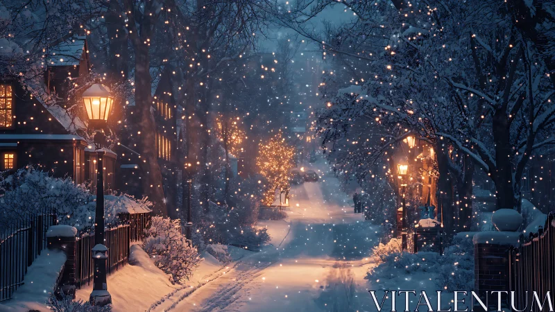 Snowy town street glows under warm lantern light at dusk.