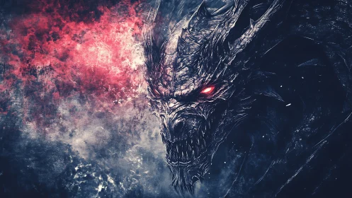 Demonic obsidian dragon portrait with crimson inferno gaze.