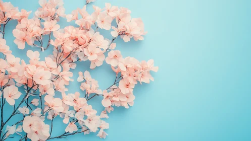 Soft-focus cherry blossoms form a diagonal on cyan ground