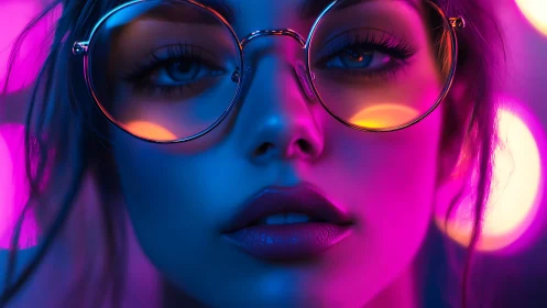 Neon lit closeup portrait of woman in round glasses.