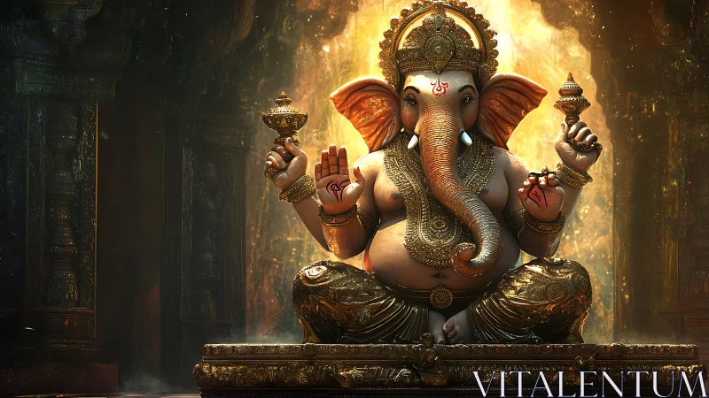 Golden Ganesha statue radiates calm strength and warm light