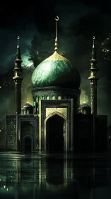 Emerald domed mosque with minarets over reflective water