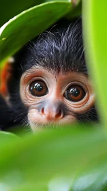 Close-up portrait of young monkey among green foliage.