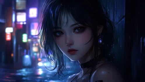 Neon rain-drenched girl under moody cyberpunk streetlights.