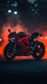 Red sport motorcycle gleams against neon fog at night.