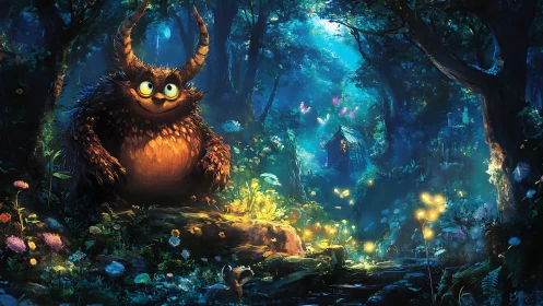 Glow-eyed forest monster trades secrets with firefly lights
