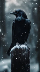 Calm black raven resting on a snowy post in winter hush.