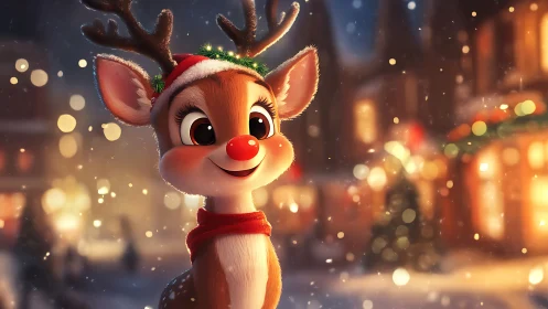 Red-nosed reindeer beaming under storybook winter lights.