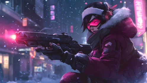 Cyberpunk sniper aims neon-charged rifle in snowy urban alley