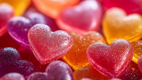 Gummy candies in heart shape with granulated sugar coating.