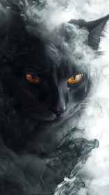 Smoke-shrouded obsidian cat with ember-bright golden eyes.