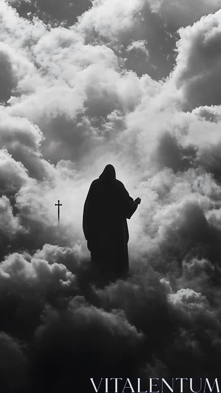 Silhouetted wanderer drifts upward through cathedral clouds