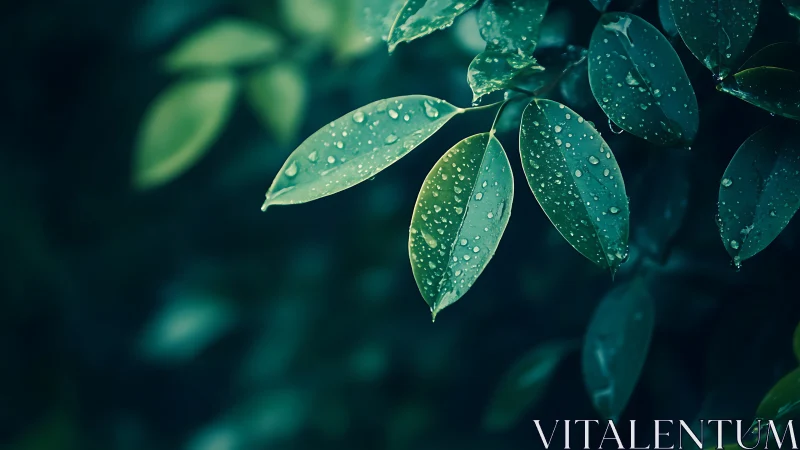 Macro foliage study captures dew-laden leaves in cool bokeh